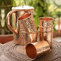 Hammered Copper Jug with 6 Glasses