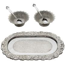 5 Pcs Silver Plated Brass Bowls Spoons and Tray Set